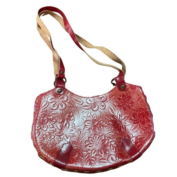 Vtg Red Floral Embossed Leather Shoulder Bag Purse With Long Strap 10"W x 6"H - Picture 1 of 4